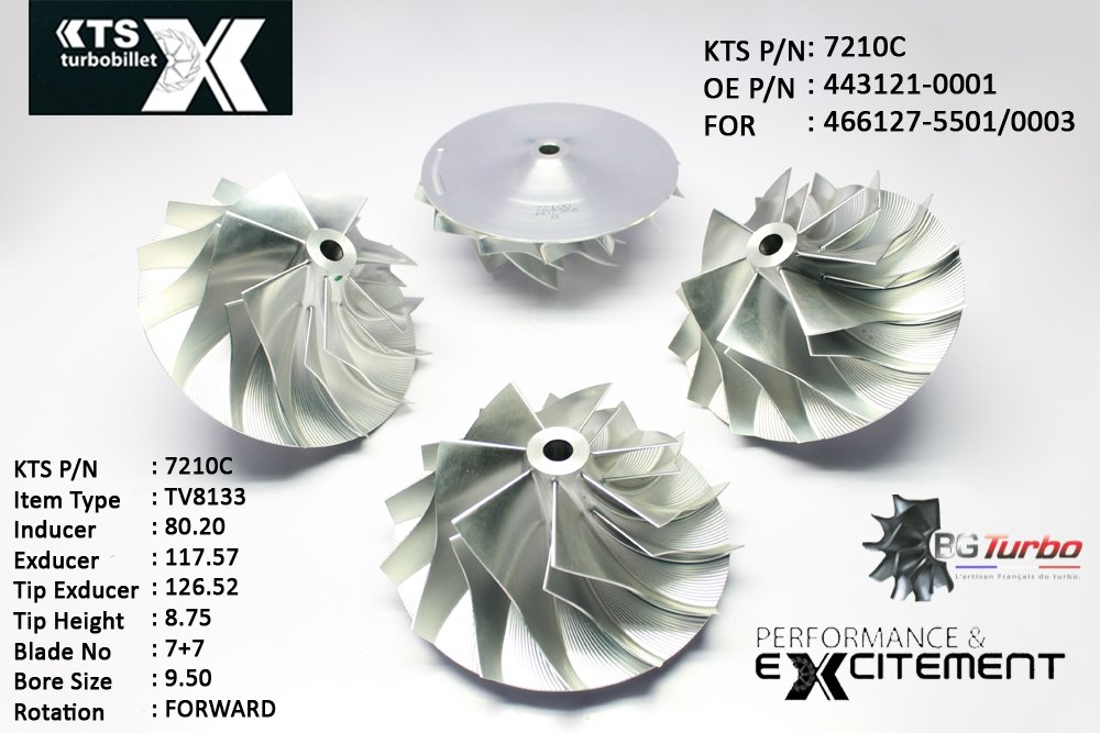 Turbo ROUE FORGÉE MFS PERFORMANCE - 7+7 PALES - INDUCER : 80,2 - EXDUCER : 117,57 - TYPE : TV8133ANGLE : 55° - ROTATION : Forward - SUPER BACK : 8,08 - BORE SIZE : 9,5
